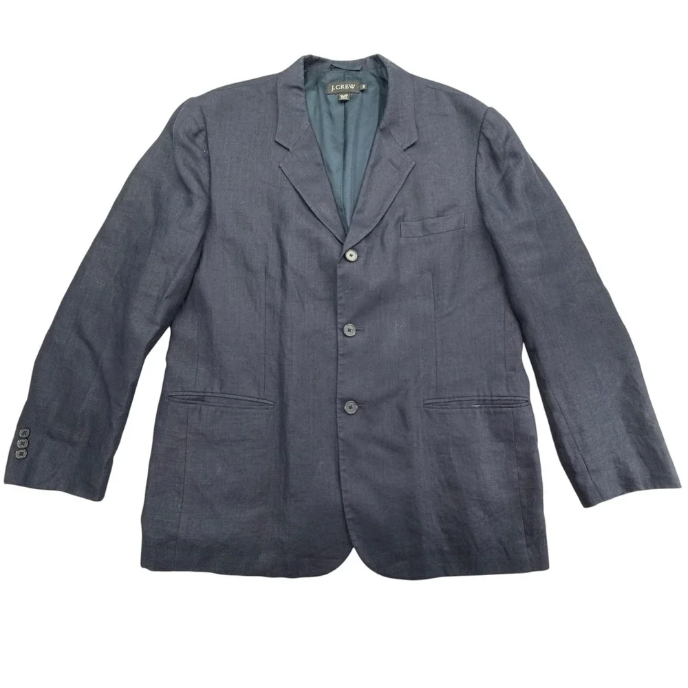 J.CREW Suit Jacket Mens 44R Blue 100% Linen Single Breasted Notch Lapel 2-Button